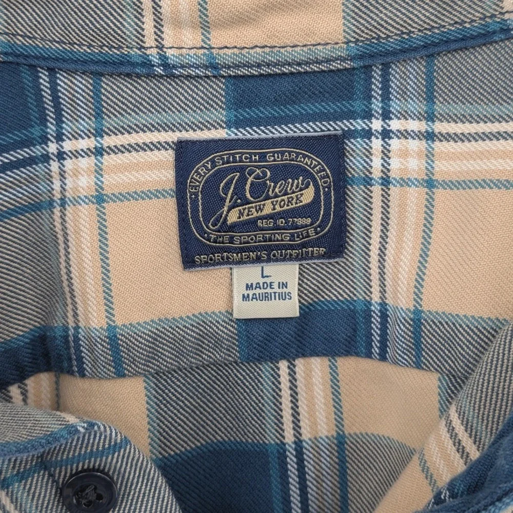 J.Crew Plaid Flannel Shirt Men's L Blue Cream Heavyweight Cotton Workwear Casual